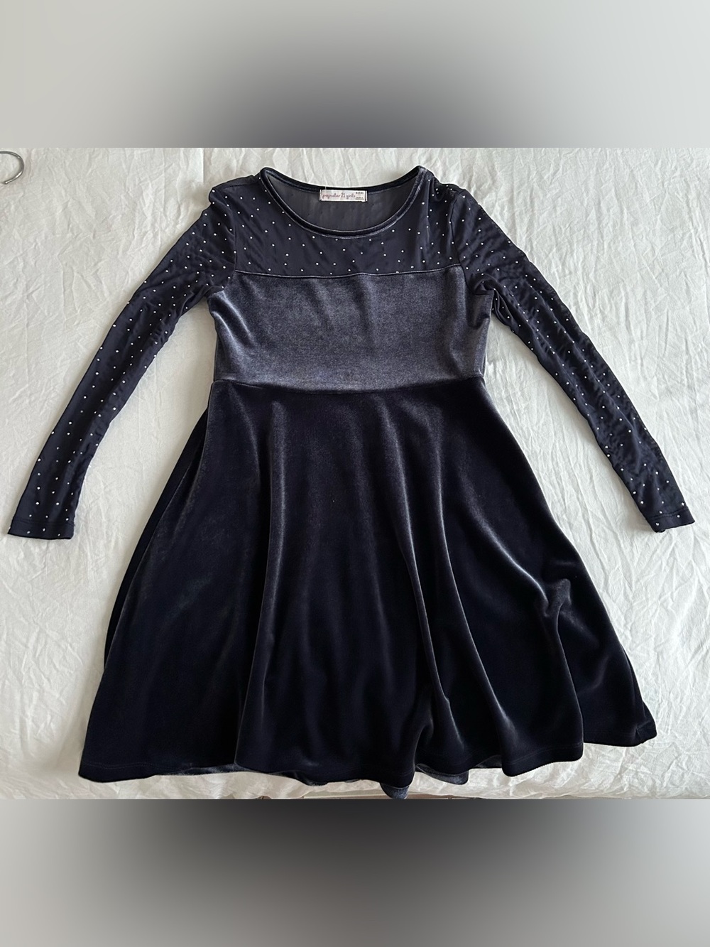 Dark Blue Velvet Long-Sleeve Holiday Dress for Girls - Sparkle Yoke